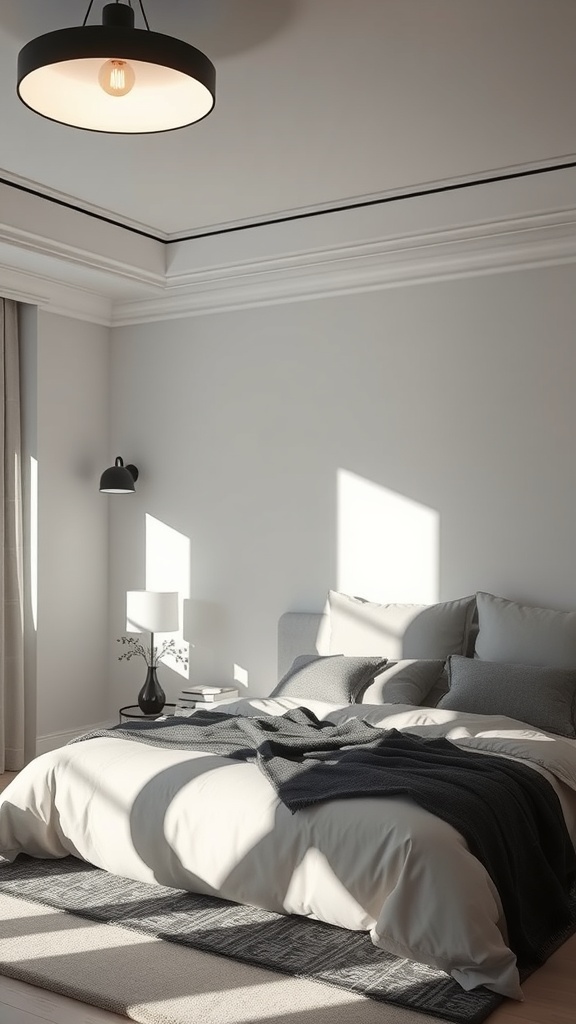 A monochrome bedroom featuring a black ceiling light, bedside lamp, and soft bedding with natural light casting shadows.