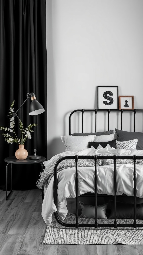 A monochrome bedroom featuring a black metal bed frame, gray bedding, and black curtains, with decorative elements and minimalist artwork.