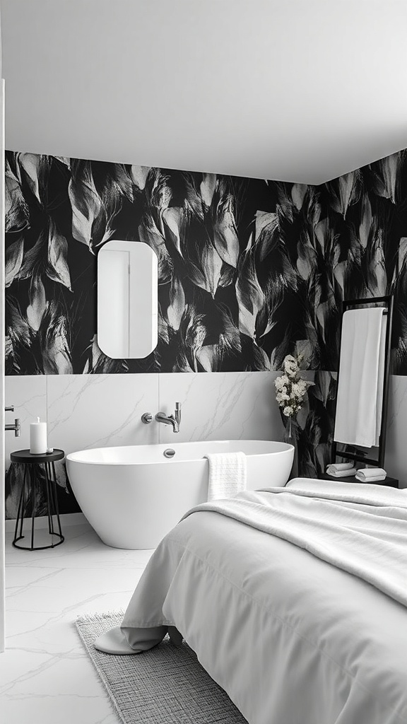 A sleek bathroom with black and white floral wallpaper, a white freestanding bathtub, and gray bedding.