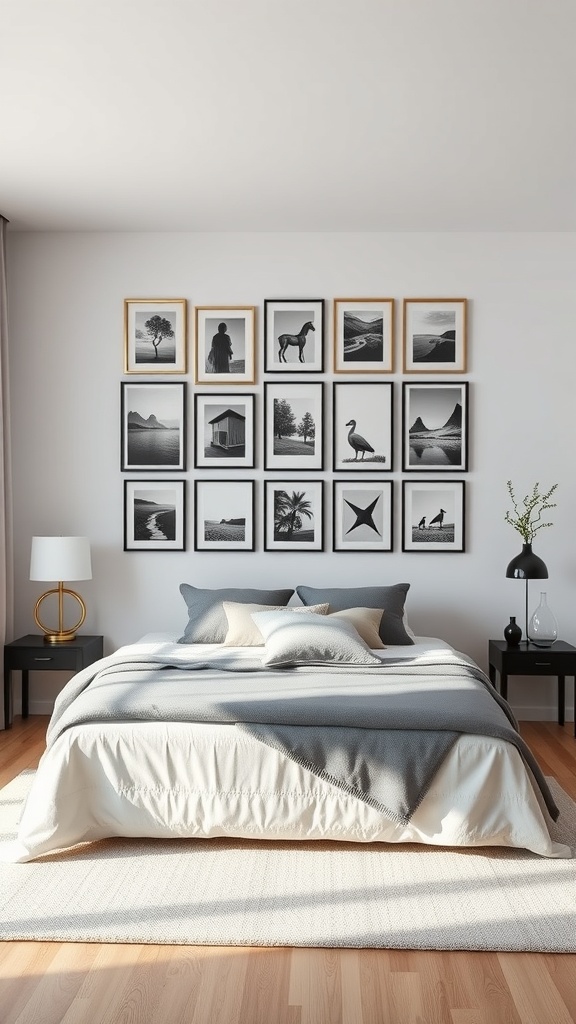 A stylish monochrome photo arrangement on a bedroom wall featuring various black and white images in different frames.