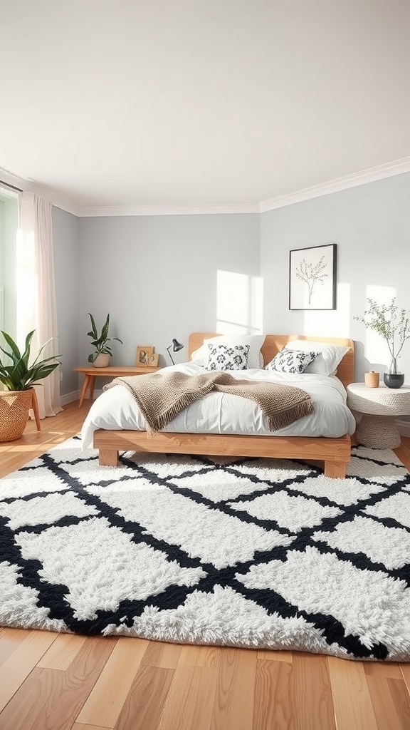 A cozy monochrome bedroom featuring a plush black and white rug, light gray walls, and wooden furniture.
