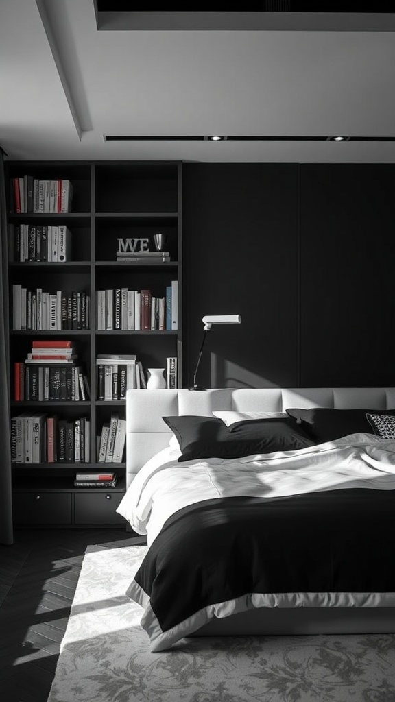 A monochrome bedroom featuring a black bookshelf with books and a modern lamp beside a plush bed.