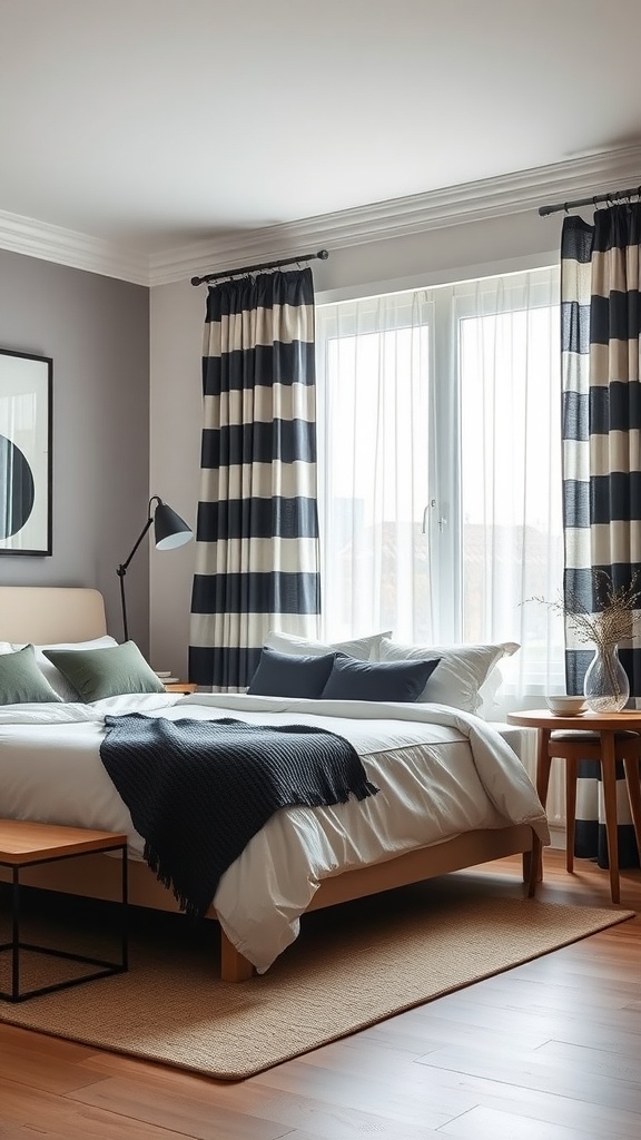 A modern bedroom featuring monochrome striped curtains in black and white, with a cozy bed and wooden furniture.