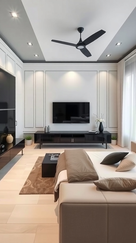 Modern living room with a monochrome TV wall design featuring a mounted TV, sleek furniture, and neutral colors.