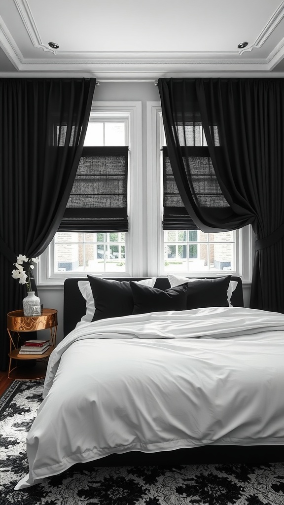 A stylish monochrome bedroom featuring black curtains and shades on two windows, with a white bedspread and black pillows.