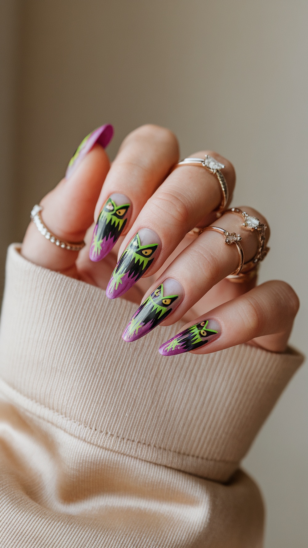 Close-up of monster claw nails with vibrant colors and monster designs