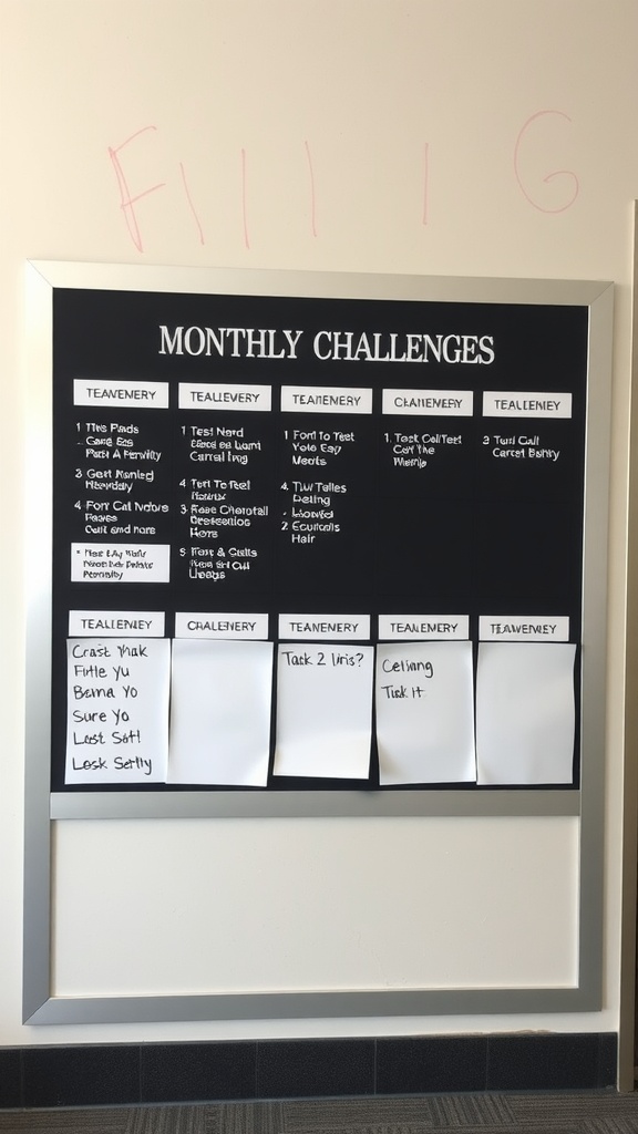 A monthly challenge board with team names and empty spaces for tasks.