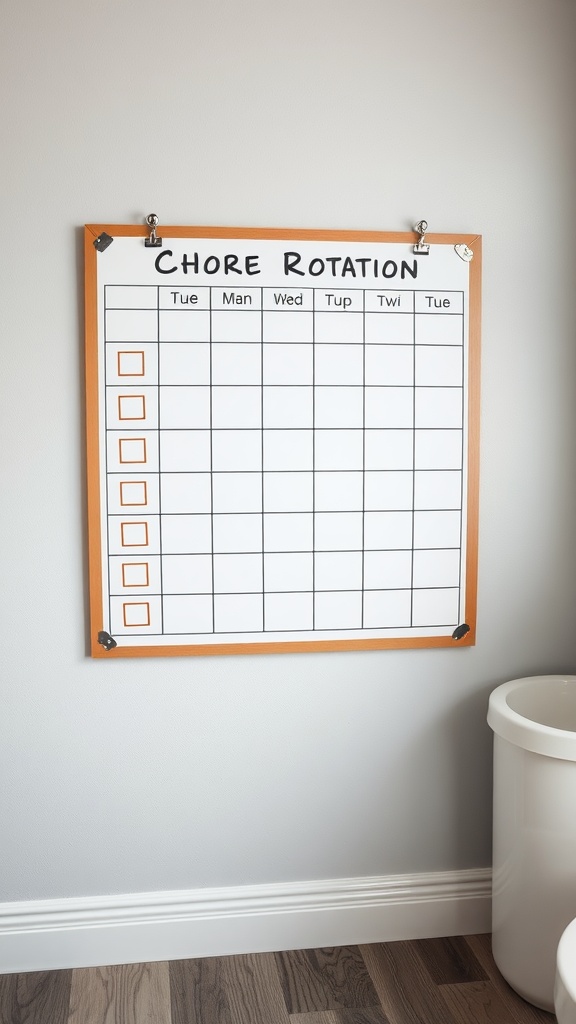 A blank chore rotation chart with days of the week listed and empty boxes for chores.