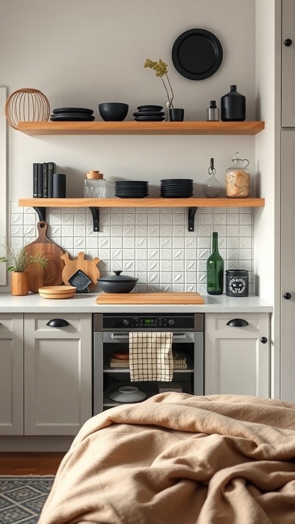 A cozy kitchen with wooden shelves displaying black dishware and decorative items, featuring a warm color scheme and a soft throw blanket.