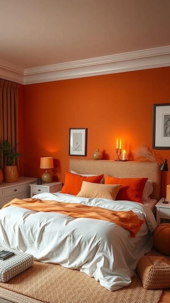 A cozy bedroom with burnt orange walls, white bedding, and warm accessories.