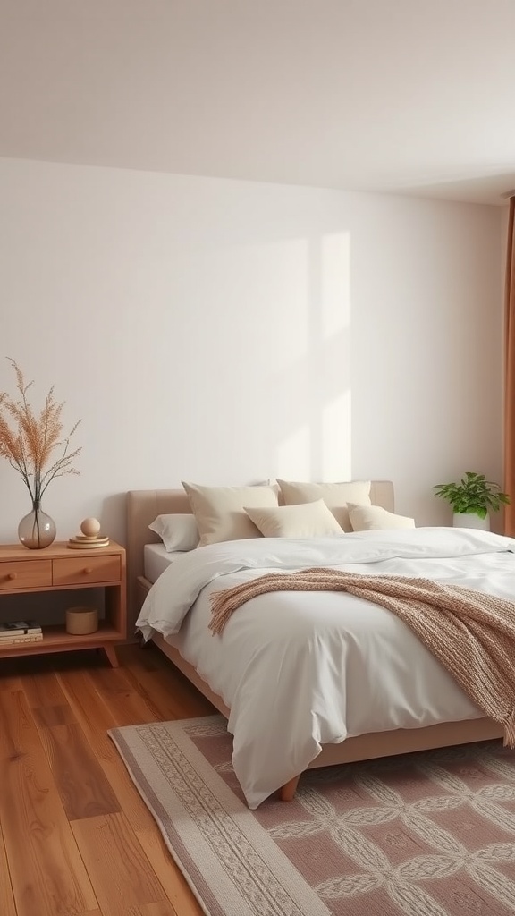 A cozy bedroom with a bed, pillows, throw blanket, and a wooden nightstand containing decor items.