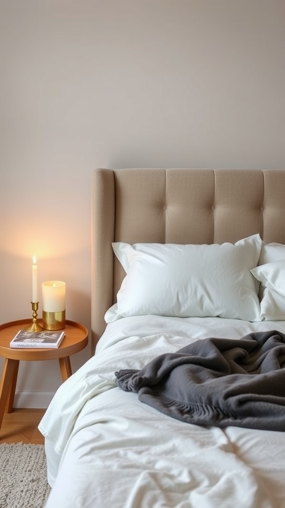 A cozy bedroom with a bed, gray blanket, and candles on a bedside table.