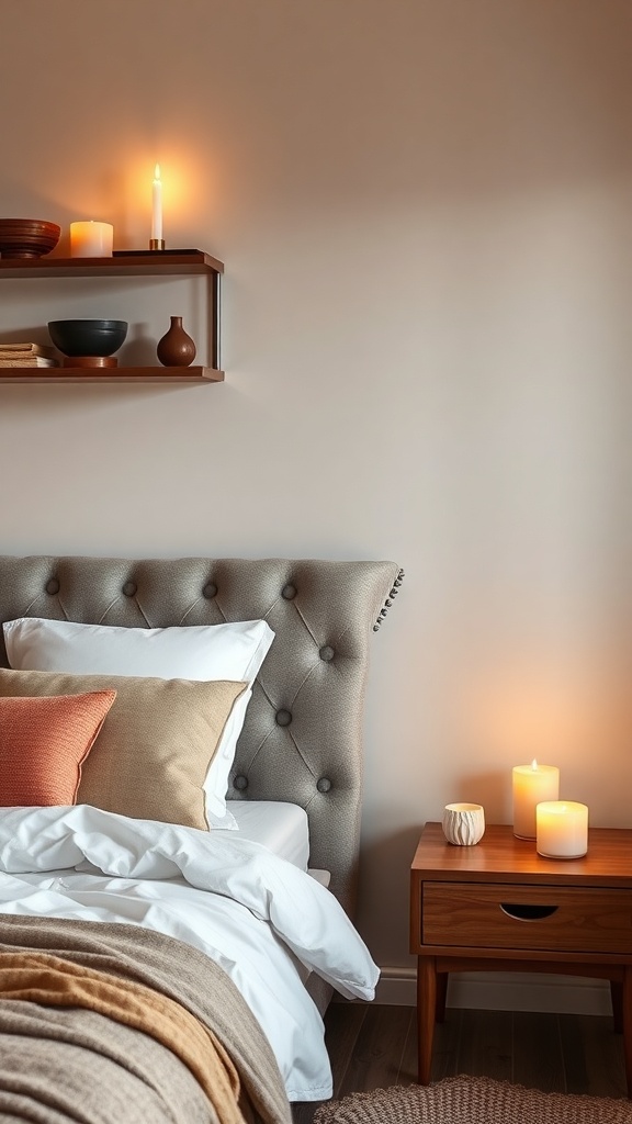 A cozy bedroom featuring a tufted headboard, soft bedding, and mood-enhancing candles on a nightstand and shelf.