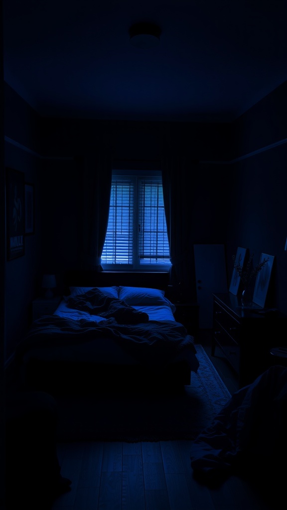 A dark cozy bedroom with blue lighting, highlighting the bed and furniture.