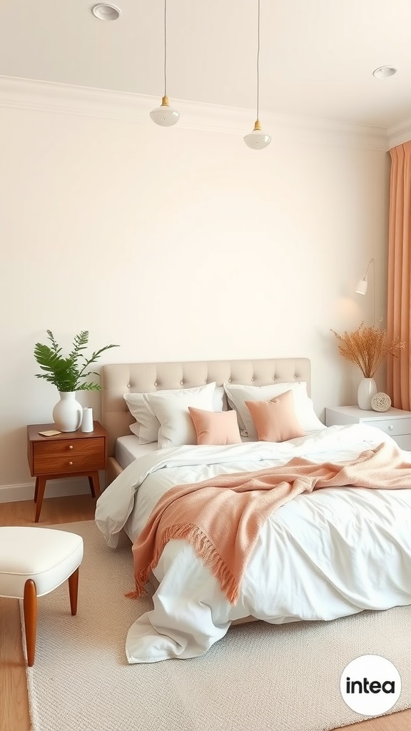 A cozy and romantic bedroom featuring soft peach and white colors, with a plant and warm lighting.