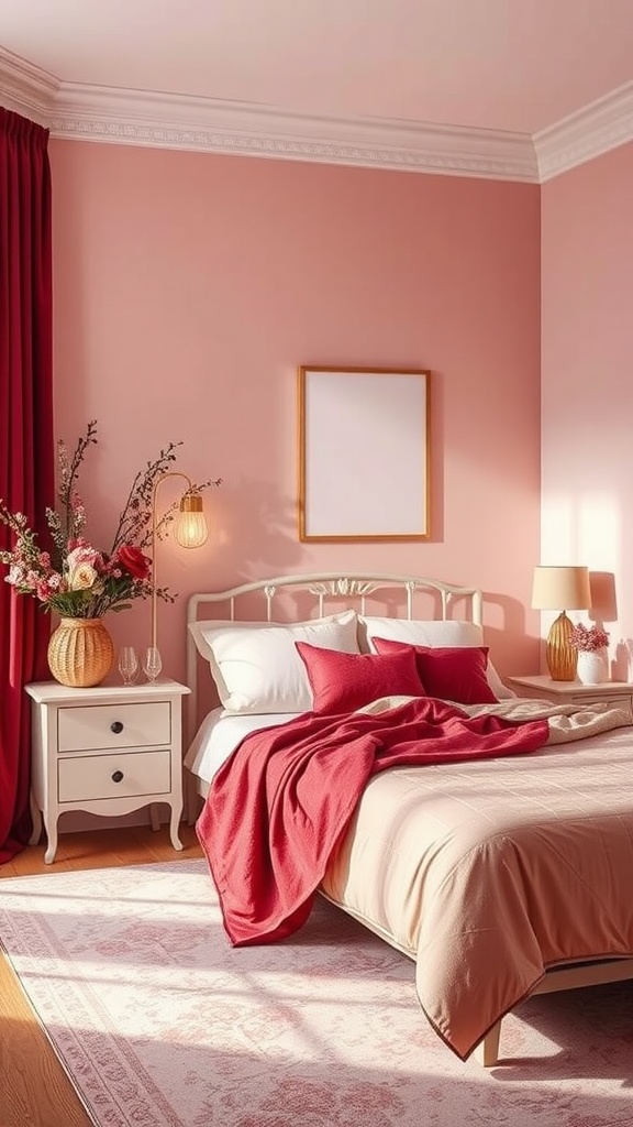 Cozy bedroom with soft pink walls and rich red accents, featuring a bed with red bedding and decorative flowers.