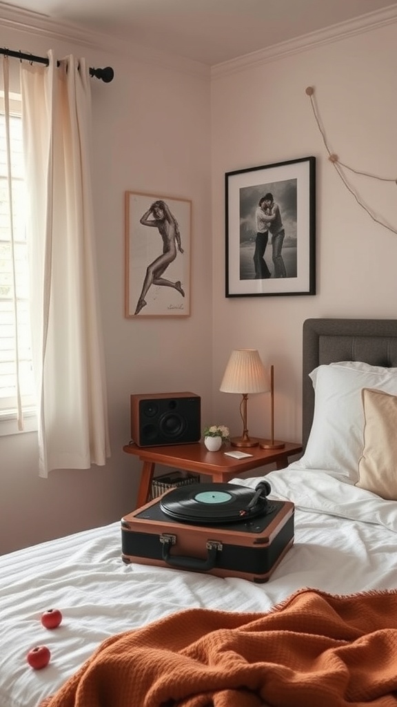 A cozy bedroom corner with a record player, warm blanket, and soft lighting.