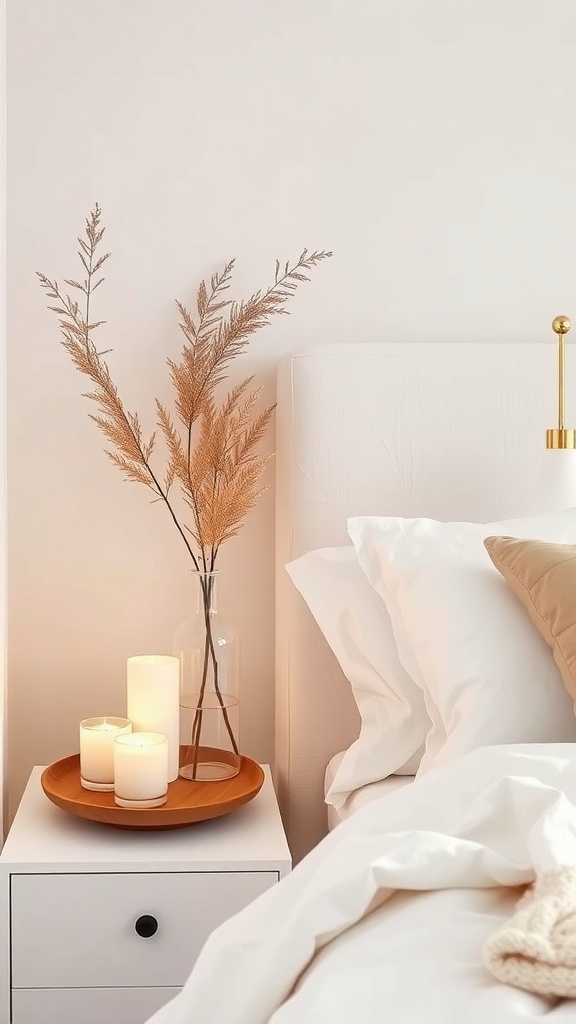 A cozy bedroom corner with candles and dried foliage on a nightstand.