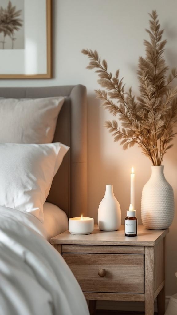 A cozy bedside table with candles, a vase, and essential oils, creating a warm and inviting atmosphere.