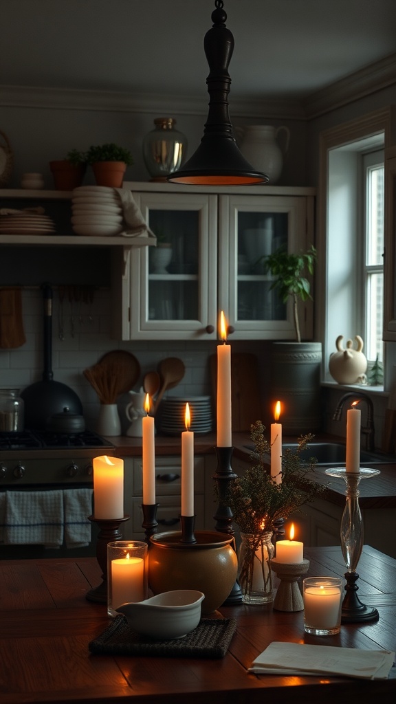 A cozy kitchen scene with multiple candles lit on a wooden table, surrounded by kitchen accessories and a warm atmosphere.