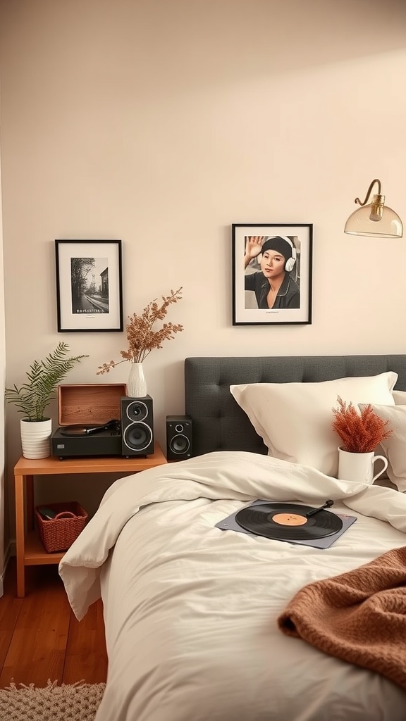A cozy bedroom with a record player, speakers, and framed photos on the wall, creating a romantic atmosphere.