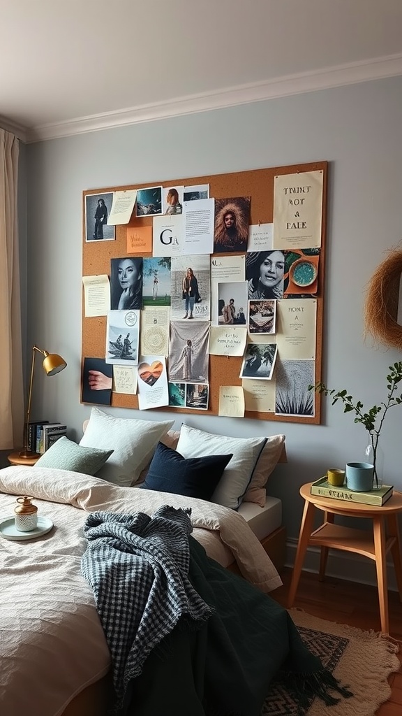 Cozy bedroom with a corkboard filled with images and notes, soft bedding, and warm lighting.