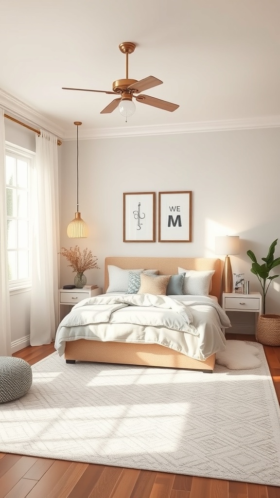 A cozy bedroom featuring soft lighting, a ceiling fan, and stylish decor.