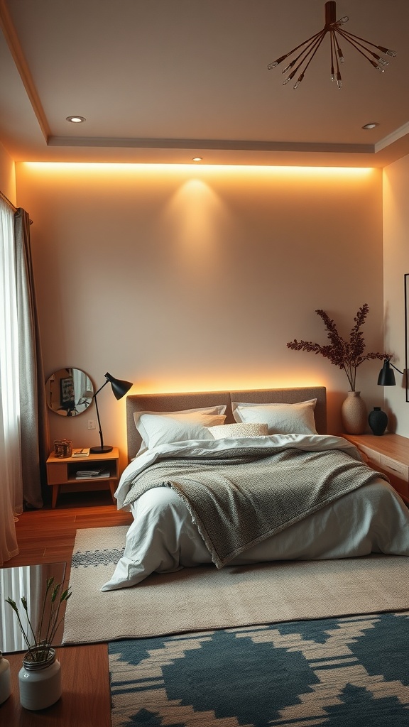 A cozy bedroom featuring mood lighting with LED strip lights, stylish ceiling fixture, and a warm, inviting atmosphere.