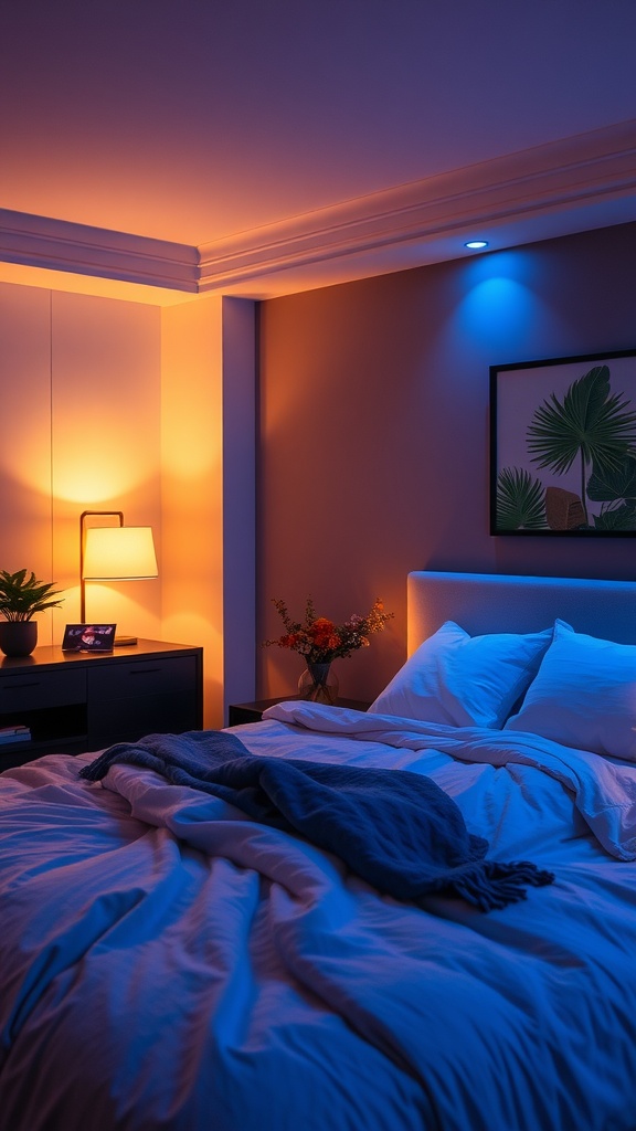 A cozy bedroom with blue and orange mood lighting, featuring a neatly made bed and decorative elements.