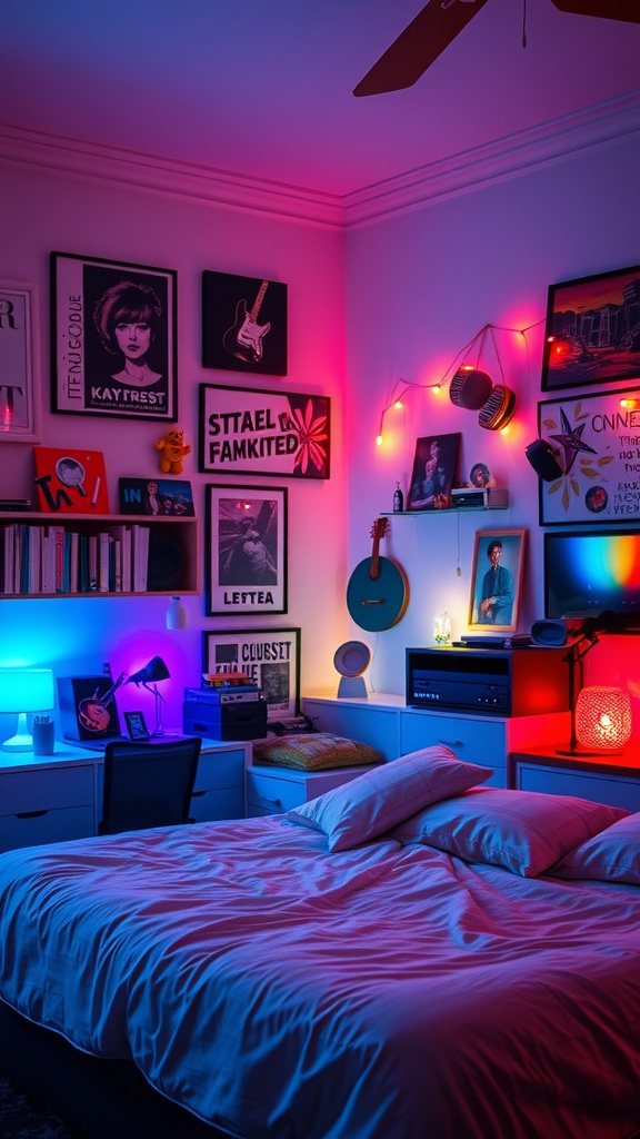 A cozy bedroom with colorful mood lighting, music-themed posters, and a guitar on the wall.