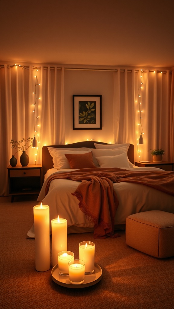 A serene bedroom with soft lighting, candles, and neutral colors creating a relaxing atmosphere.