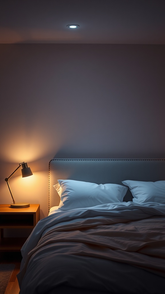 A cozy bedroom with ambient lighting.