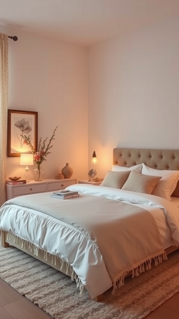 Cozy bedroom decor with warm mood lighting for Valentine's Day