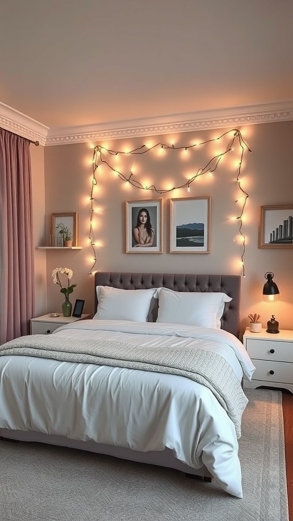 Cozy bedroom with warm string lights and stylish decor