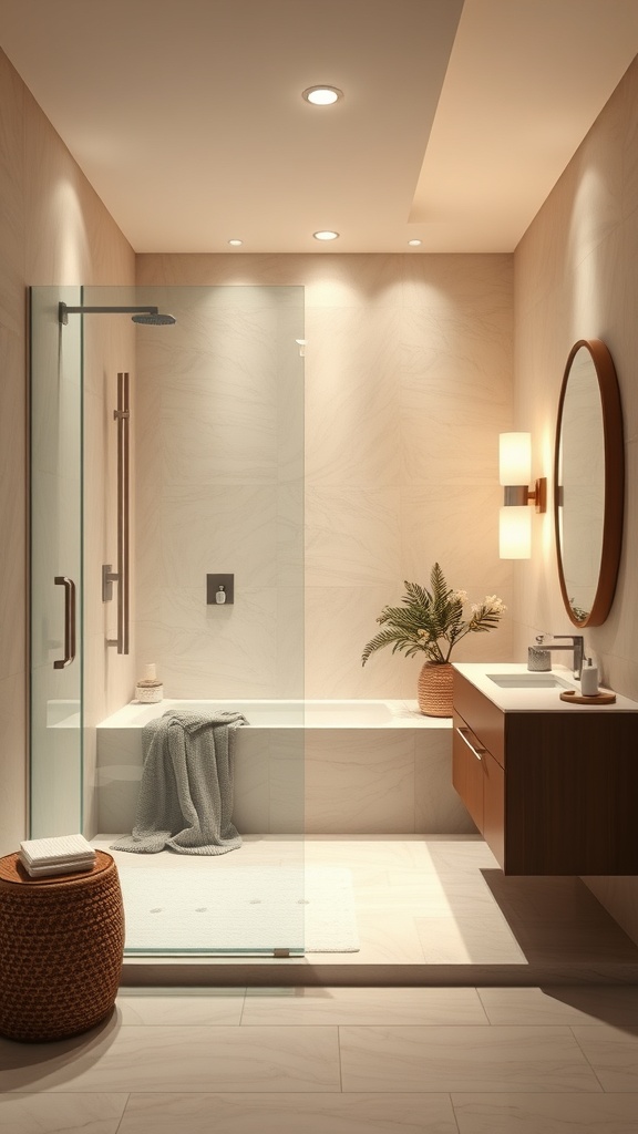 A modern bathroom featuring a walk-in shower with mood lighting, showcasing recessed ceiling lights and wall sconces.