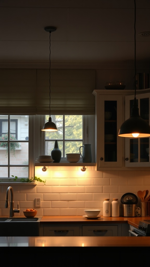 A dimly lit kitchen with warm lighting, featuring pendant lights, under-cabinet illumination, and decorative elements.