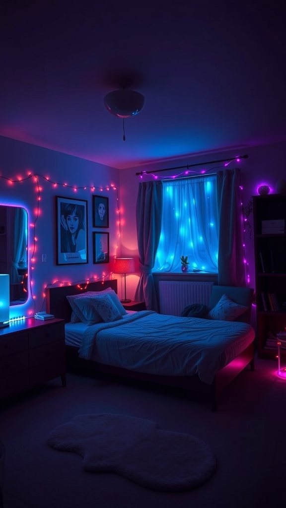 A stylish bedroom with mood lighting featuring colorful lights, fairy lights, a cozy bed, and a warm ambiance.
