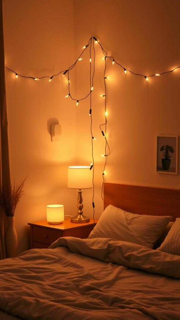 Aesthetic bedroom with warm mood lighting, featuring string lights and bedside lamps.