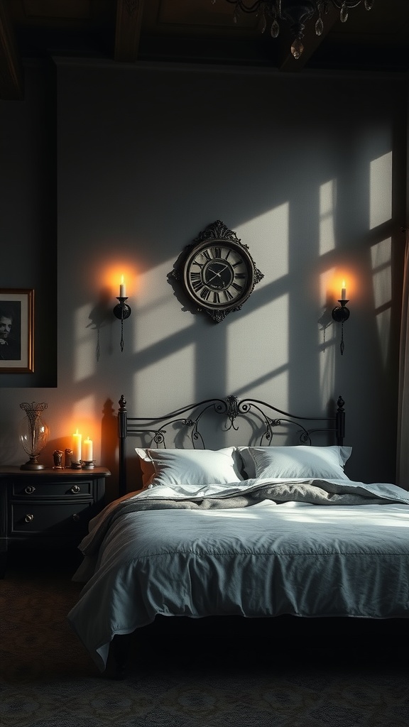 A gothic bedroom with candles providing mood lighting, featuring a bed, wall clock, and dark decor.