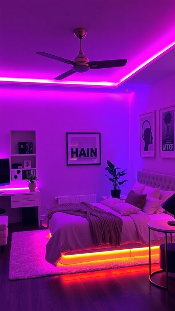 A bedroom with color-changing LED lights creating a purple and pink mood lighting atmosphere.