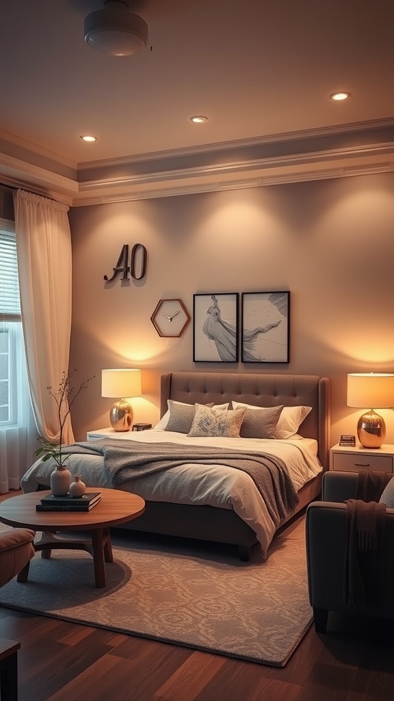 Cozy living room with dimmable lighting, featuring a bed, lamps, and decorative elements.