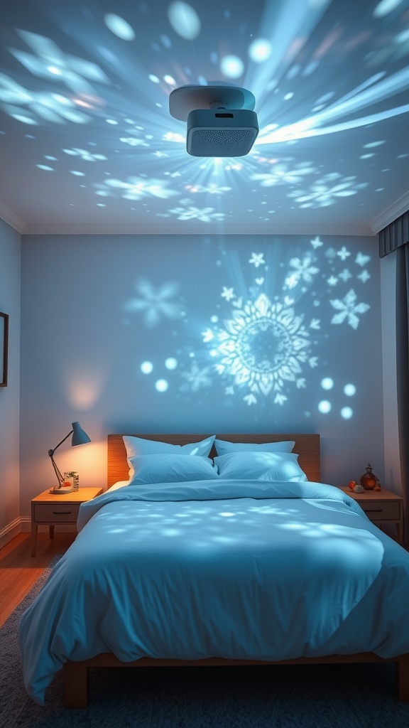 A cozy bedroom with a projector casting colorful patterns on the ceiling, creating a relaxing atmosphere.