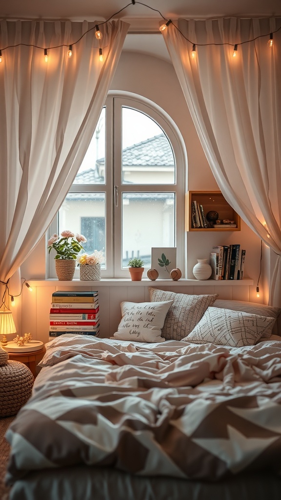 Cozy bedroom with string lights and a reading nook.