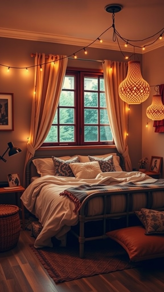 A cozy bedroom with string lights and lanterns creating a warm atmosphere.