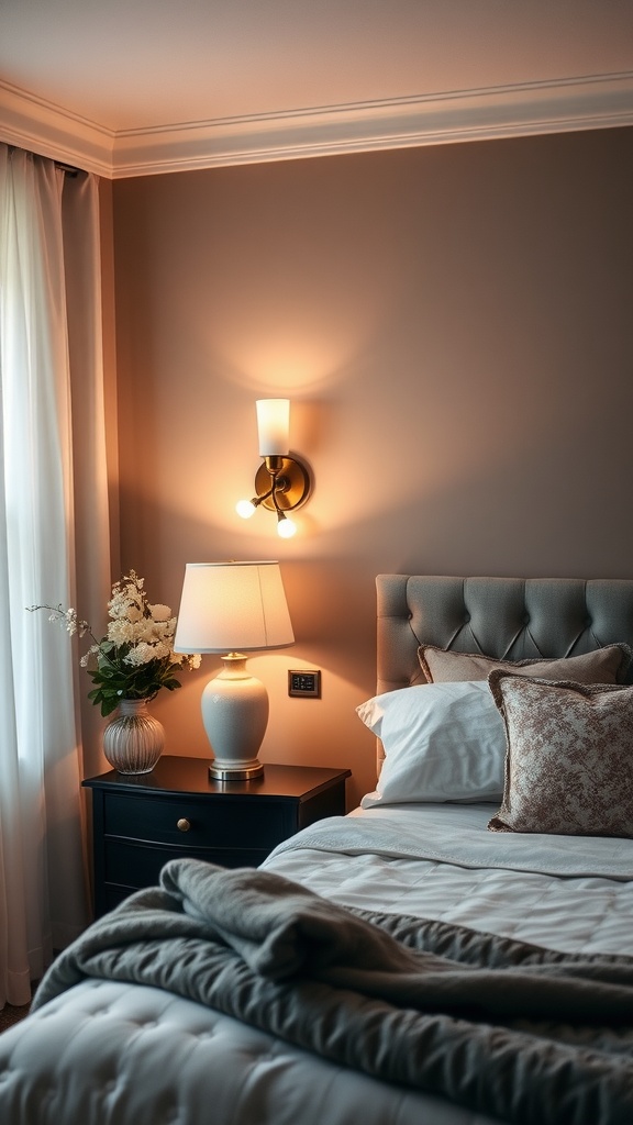 A stylish bedroom with a wall sconce and bedside lamp providing soft lighting.