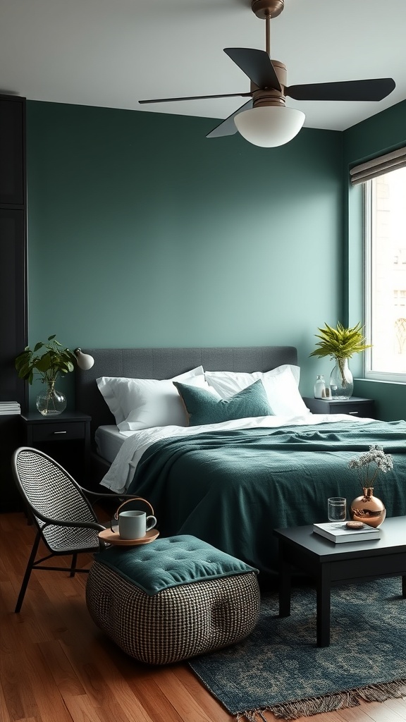 A moody kitchen featuring deep teal walls, warm wood accents, and cozy textiles.