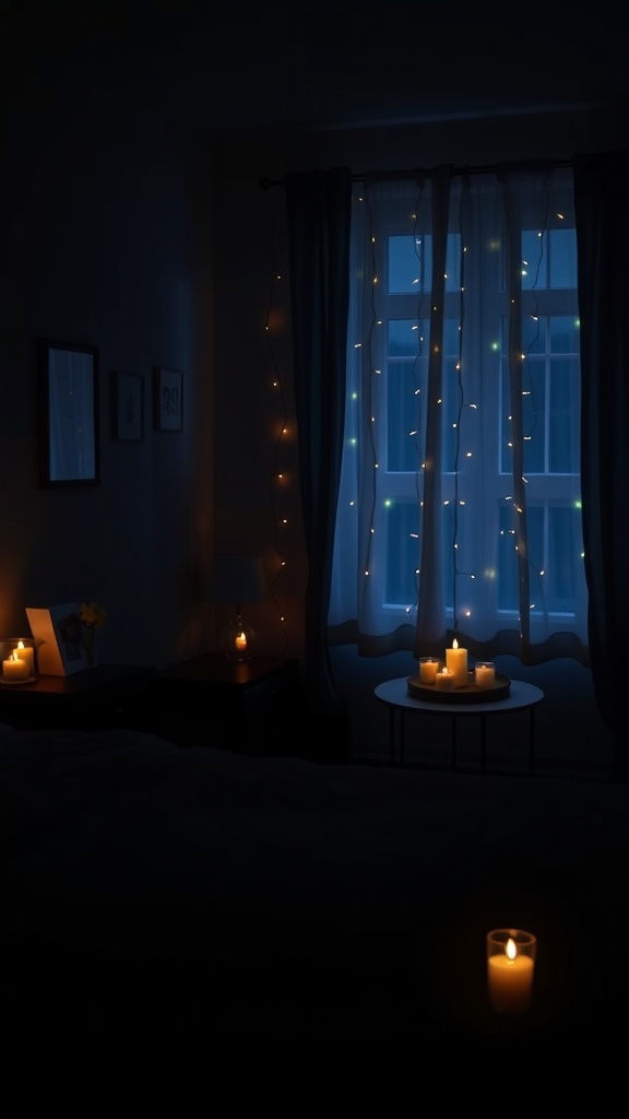 A dark cozy bedroom with candles and fairy lights creating a romantic atmosphere.