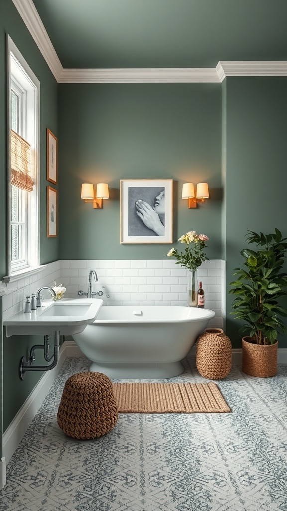 A bathroom with moody sage walls, a white bathtub, and natural decor elements.