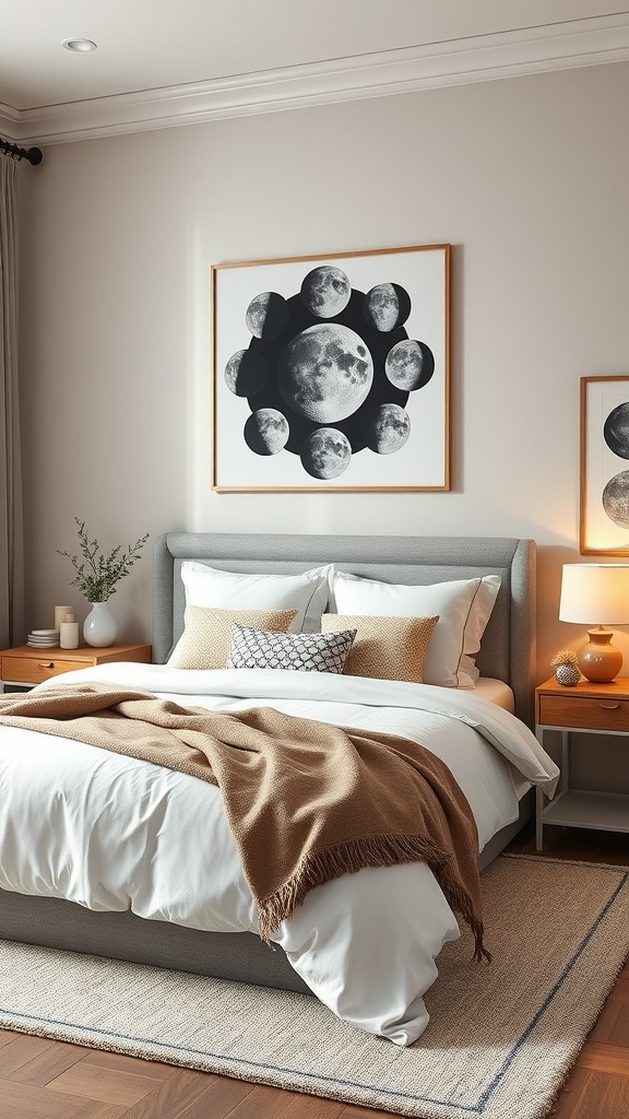 A cozy bedroom featuring moon phase artwork on the wall, with neutral bedding and warm accents.