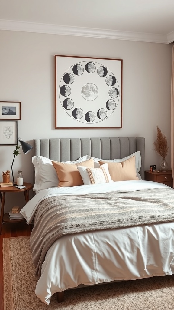 A cozy bedroom featuring moon phase decor above the bed, with neutral bedding and soft pillows.
